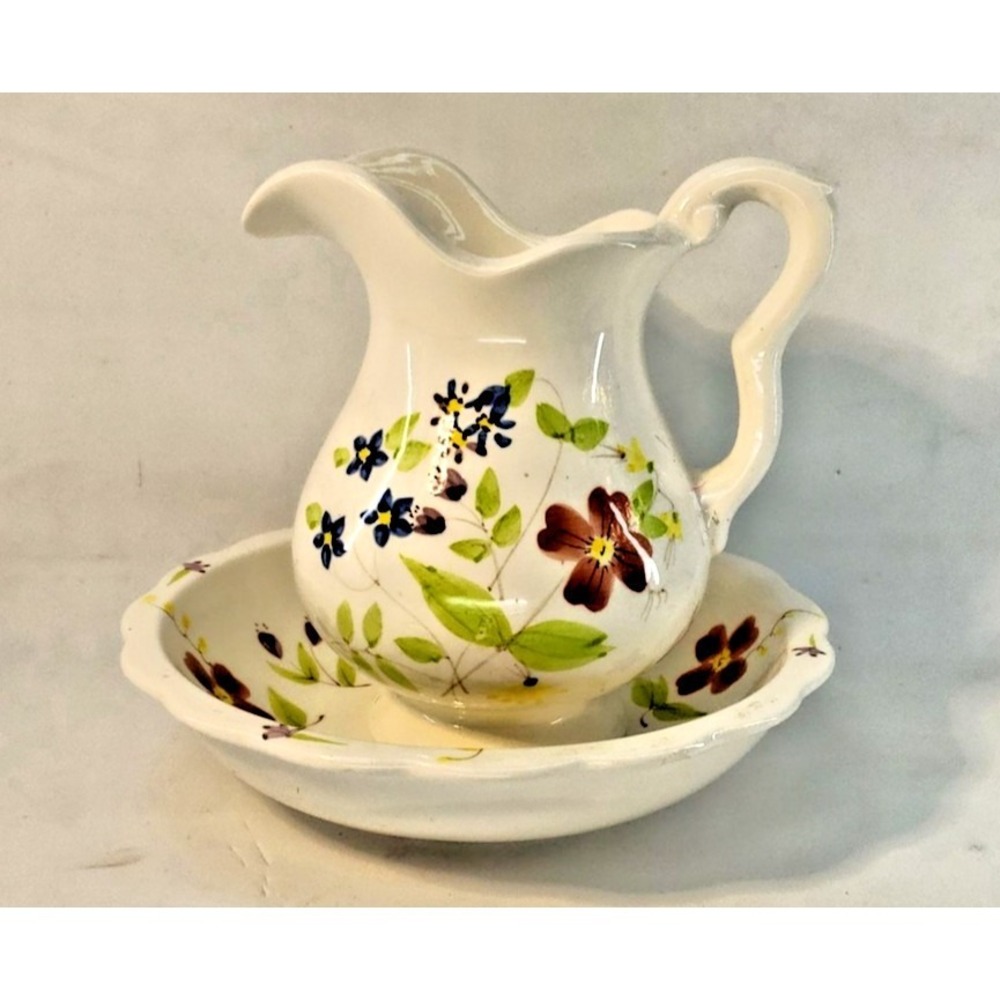 ELIZABETH ARDEN Pitcher Wash Basin Bowl Set Hand Painted Floral Ceramic Taiwan